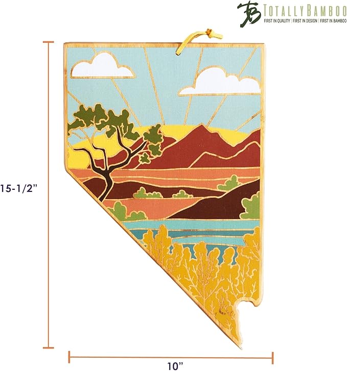 Totally Bamboo Nevada State Shaped Cutting Board and Charcuterie Serving Platter with Artwork by Summer Stokes, Includes Hang Tie for Wall Display Varies