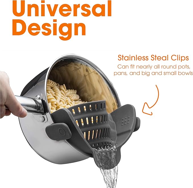 Cheer Collection Silicone Clip on Pot Strainer, Heat-resistant Snap-On Strainer for Pasta, Noodles, Rice, Meats and Vegetables, Gray