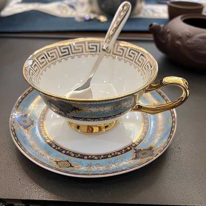 YBK Tech Euro Style Bone China Cup& Saucer Set, Ceramic Tea Coffee Cup for Home Kitchen Wedding (Royal Pattern- Sky Blue)