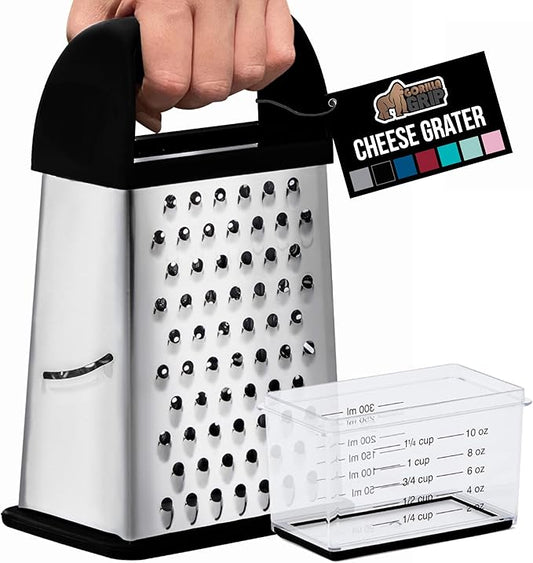 GORILLA GRIP 4-Sided Stainless Steel Cheese Grater With Container, 100% BPA-Free Box Grater, Slip Resistant Base and Handle, Grate Parmesan, Hard Cheeses, Shred Vegetables, Dishwasher Safe, Black