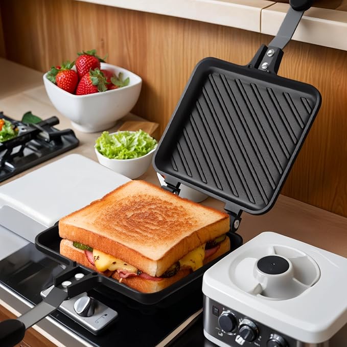 Sandwich Maker, Grilled Panini Maker Pan with Non-Stick Plates, Stovetop Toasted Sandwich Makers Press, Double Sided Aluminum Flip Cheese Makers Frying Pan for Home Kitchen Breakfast Camping