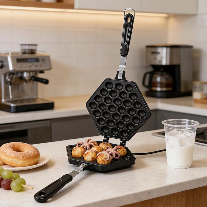 Bubble Waffle Pan, Cast Aluminum Non Stick Stovetop Maker with Cool Touch Handles for Home Use, Gas Stove Compatible Waffle Iron for Cafe Party and Teahouse