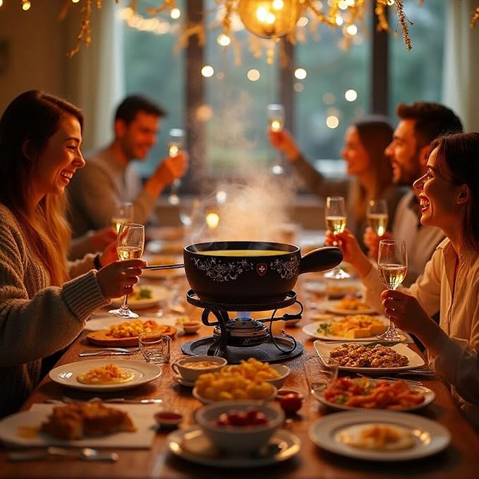Artestia 2.11-Quart Swiss Design Ceramic Fondue Pot Set for Cheese, Chocolate Melting Pot with 6 Fondue Forks and Swiss Vintage Pattern, Perfect for 6 People, 10 Piece (AR-83008)