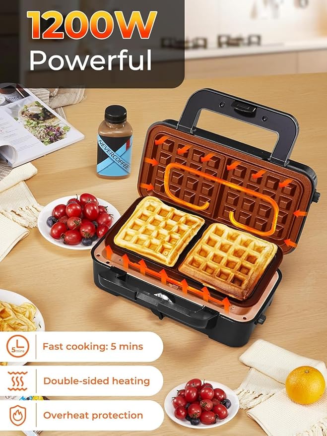 HOUSNAT Sandwich Maker, 3 in 1 Waffle Maker with Removable Plates, 1200W Panini Press with Interchangeable Non-Stick Plates, Indicator Lights, 5-gear Temperature Control (Black)