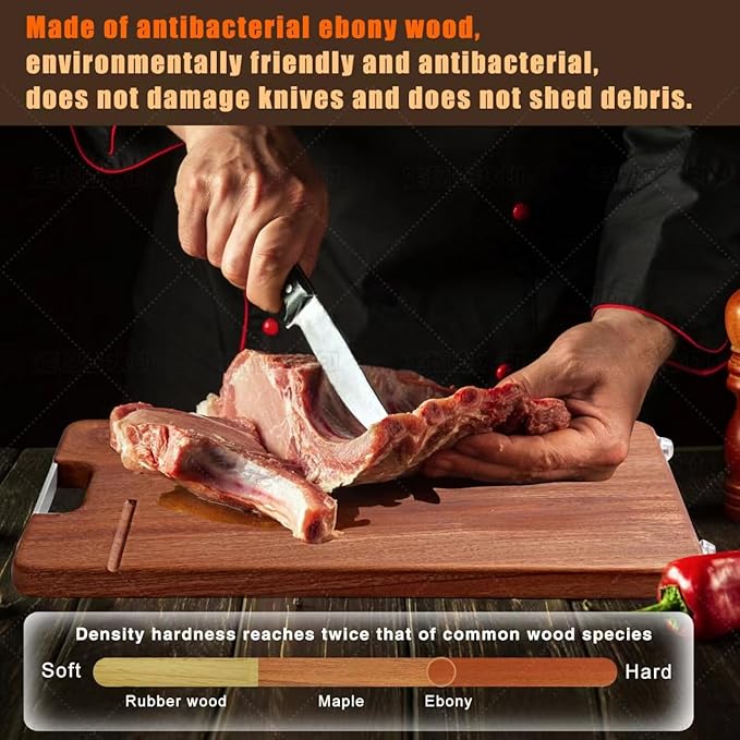 KASAFEI Ebony Kitchen Cutting Board, Wooden Chopping Board, Durable, Solid Wood, Suitable for Cutting Meat, Cheese, Vegetables, Fruit, Raw and Cooked Food, Grooved Tray with Handle [Set of 2]