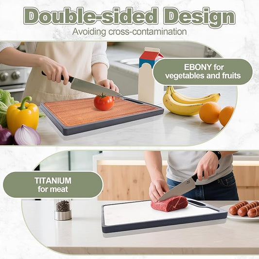 Titanium Cutting Boards for Kitchen, 2-in-1 Double-Sided Wood Cutting Board with Juice Groove, Food-Grade GR1 Titanium & Ebony, Easy to Clean and Dishwasher Safe for Meat & Veggies