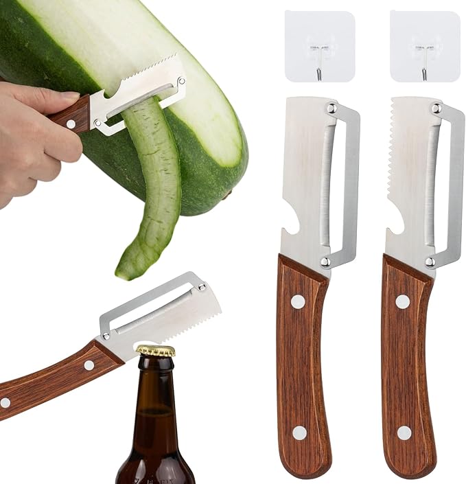 2 Pcs Multi-Functional Vegetable Peeler for Kitchen, Features Solid Wood Handles, Stainless Steel Blade, with Bottle Opener, Kitchen Peeling Tool for Fruits Potatoes Apples Carrots Zucchini