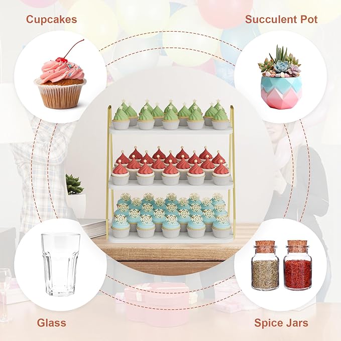 Cupcake Stand, 3-Tier Dessert Stand for 55 Cupcakes, Wood & Metal Tower Display Premium Holder Dessert Tree Tower for Christmas Birthday Weddings Party Decor, Serving Tray (White & Gold)