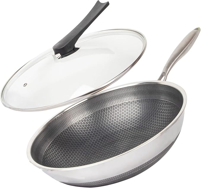 CATHYLIN 12.5" 316L Stainless Steel Honeycomb Non Stick Wok Pan Stir-fry Wok with Lid,Skillet with Stay-cool Handle PFOA Free Suitable for Induction, Ceramic, Electric, and Gas Cooktops