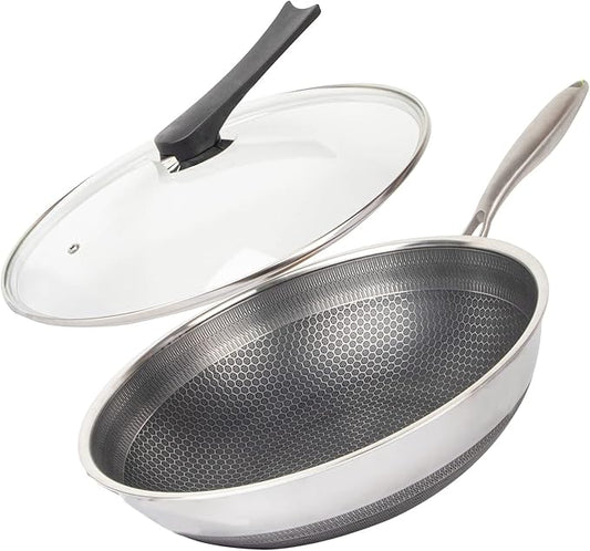 CATHYLIN 12.5" 316L Stainless Steel Honeycomb Non Stick Wok Pan Stir-fry Wok with Lid,Skillet with Stay-cool Handle PFOA Free Suitable for Induction, Ceramic, Electric, and Gas Cooktops