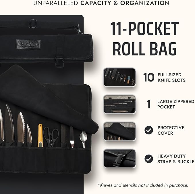 Asaya Canvas Chef Knife Roll Bag - 10 Knife Slots and a Large Zipper Pocket - Durable 10oz Canvas Knife Case with an Adjustable Shoulder Strap - Knives not Included