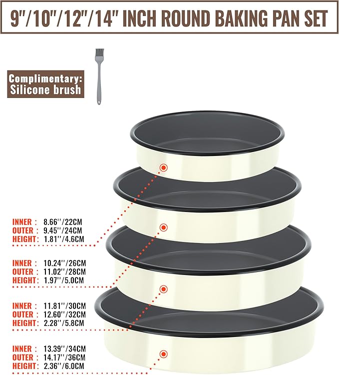 MCCSI Roasting Pans Set Round Baking Dish 4-Pack 9/10/12/14 Inch Enamel Non-Stick Large Bakeware for Cake Pizza Turkey Roaster, Oven & Dishwasher Safe Christmas Gift for Ladies Cookware