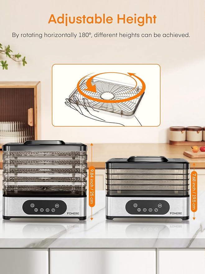 FOHERE Food Dehydrator, 5 BPA-Free Tray Dehydrators for Food and Jerky, Fruit, Herbs, Meat, Dog Treats, 48H Timer and 95-158°F Temperature Control, 400W Dehydrator Machine, 11.42" Stackable Trays
