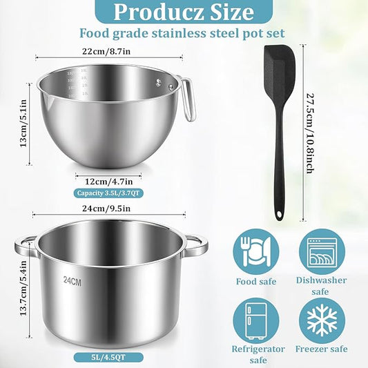 Double Boiler Pot Set, 3500ML/3.1QT Melting Bowl with Scale, 5000ML/ 4.5QT Dual-Handle Pot, Stainless Steel Double Boiler Set with Silicone Spatula, for Butter, Chocolate, Wax