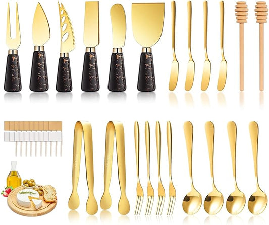Marble Gold and Black Cheese Knife Set, Ceramic Handle Charcuterie Board Accessories Butter Spreader Cheese Slicer Knife With Serving Tongs, Spoons, Forks, Flags Cheese Markers, Wooden Honey Dipper