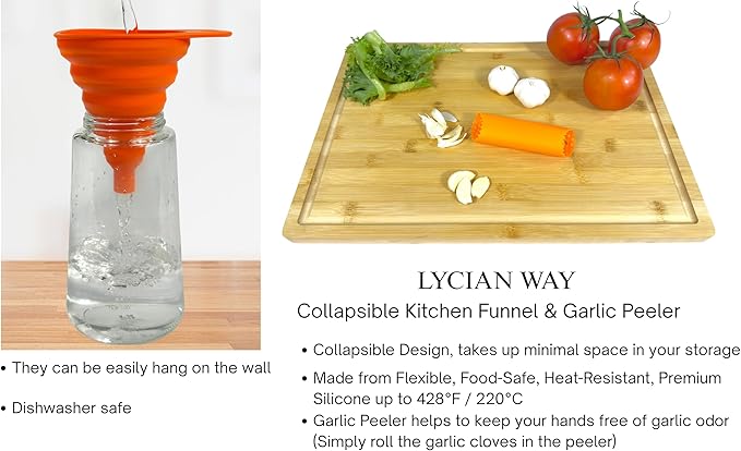 Clip on Strainer Silicone for All Pots and Pans, Colander, Pot Strainer for Pasta, Meat, Vegetables, Space Saving Design, Food-Safe with Collapsible Funnel, Garlic Peeler, 3 Pack (Orange)