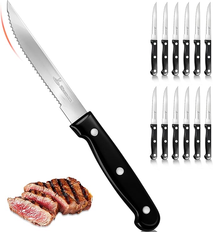 Upgraded Steak Knives Set of 12, Uncoated Stainless Steel Serrated Steak Knife Set, 4.5 Inch Steak Knife with Ergonomic Handle and Sharp Blades, Dishwasher Safe Dinner Knives for Kitchen, Restaurant