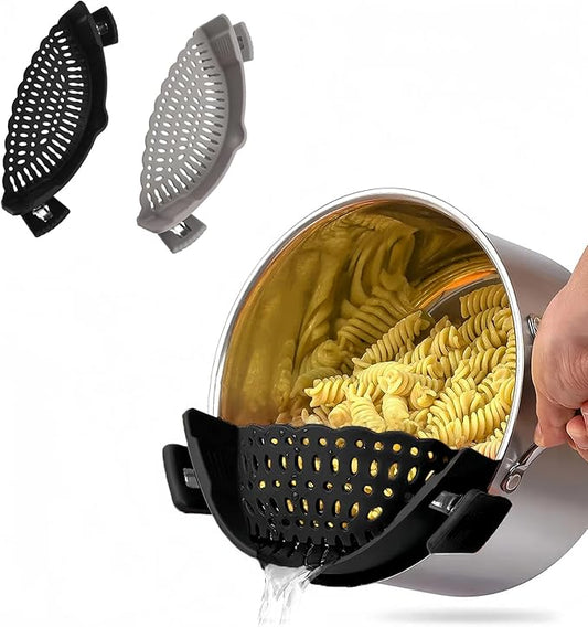 2 PACK Silicone Clip-on Strainer - Fits Pots, Pans & Pasta, Hands-Free Food Strainer for Ground Beef, Spaghetti, Pasta, Compatible with All Bowls and Pots (Black,Grey)