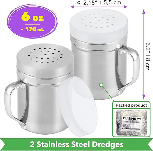 CUSINIUM Metal Salt Pepper Cooking Dredge Shakers - With Handle - Seasonings Spice Shakers With Holes and Lids - 6 Ounce, 2pcs | Style: Medium