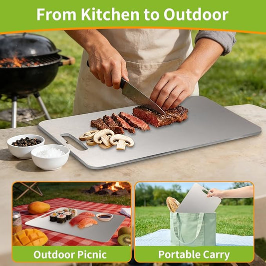 HaohaoT Foodgrade Stainless steel Cutting Board, Cutting Boards for Kitchen, 2026 New Double Sided Food-Grade Chopping Board for Cutting Meat Vegetable Fruit Outdoor or Indoor(13.5"L x 9"W)