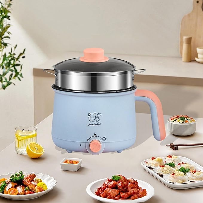 Mini Hot Pot 1.8L Ramen Cooker Multipurpose Cookware Cooking Pot Non Stick Portable Electric Pot Noodles Pot for Noodles Eggs, Pot Steel Steamer