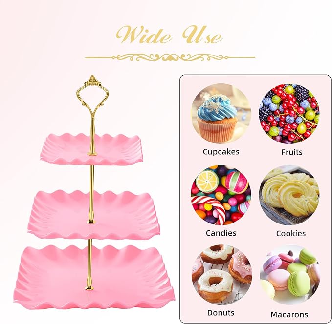 Dessert Cupcake Stand, 3 Tier Cup Cake Holder Tower for Tea Party/Birthday/Wedding, Plastic Tiered Serving Tray with Metal Rod, Pink