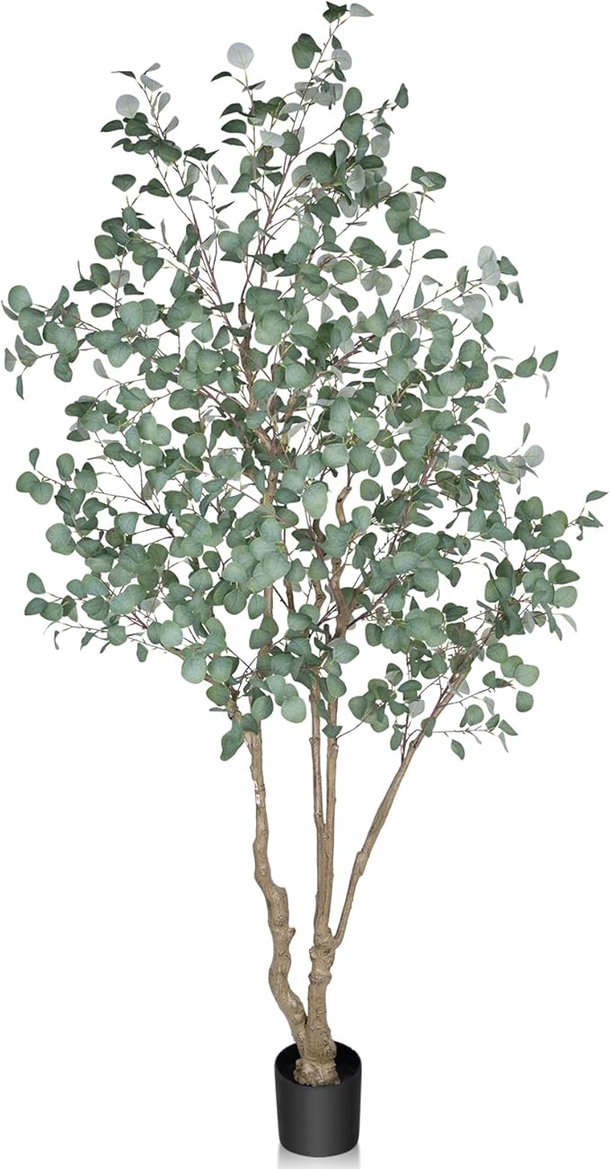 8FT Artificial Eucalyptus Tree Indoor, Tall Faux Eucalyptus Plant with Pre-Potted Realistic Silk Leaves and Trunk, Fake Eucalyptus Tree for Office Living Room Bedroom Foyer Porch Home Corner Decor
