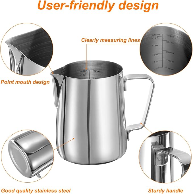 uxcell Milk Frothing Pitcher, 12oz / 350ml Stainless Steel Milk Frother Cup with Scale for Milk Steaming Pitcher Latte Art Cappuccino Coffee Espresso Accessories Tool, Silver Tone