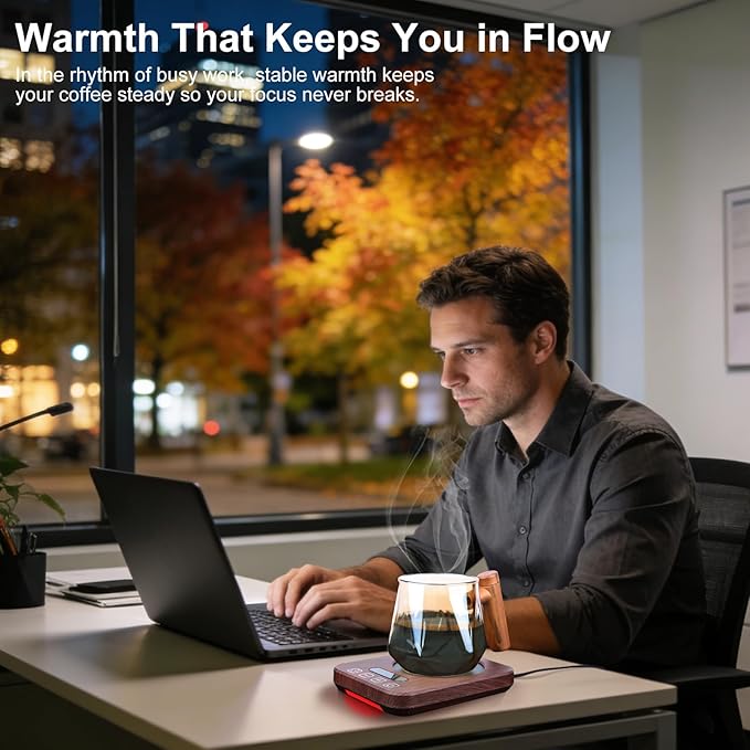 Coffee Mug Warmer with Temperature Control, 36W Electric Mug Heater, 120–180°F Adjustable Desk Cup Warmer with Timer & Auto Shut-Off, Walnut Wood-Grain Finish, for Home & Office, Valentines Day Gifts