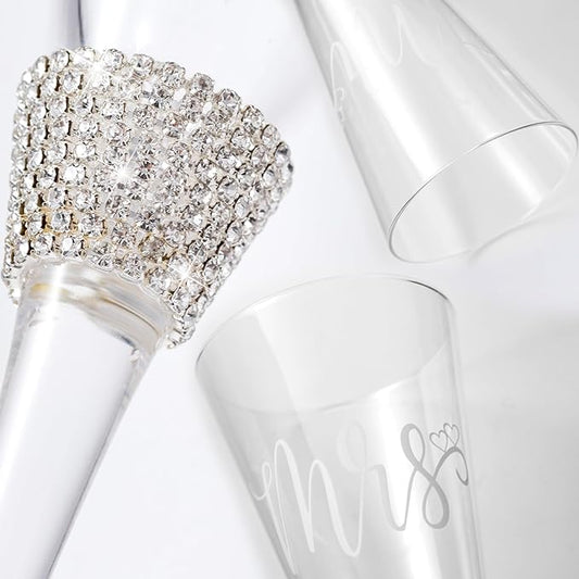 VARLKA Wedding Cake Knife and Server Set, Mr and Mrs Champagne Flutes and Cake Cutting Set for Bridal Shower Gifts Wedding Glasses for Bride and Groom
