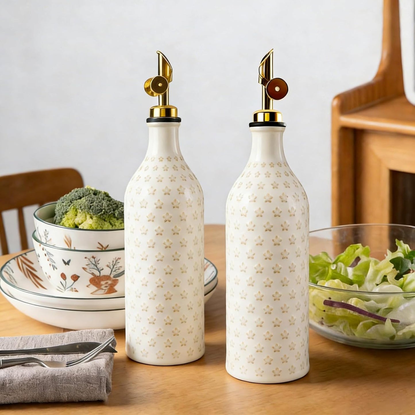 Ceramic Olive Oil Dispenser Bottle for Kitchen with Gravity Spout, 19 oz Opaque Relief Oil Cruet with Funnel, Oil Container for EVOO, Vinegar, and Soy Sauce (Petal Design)