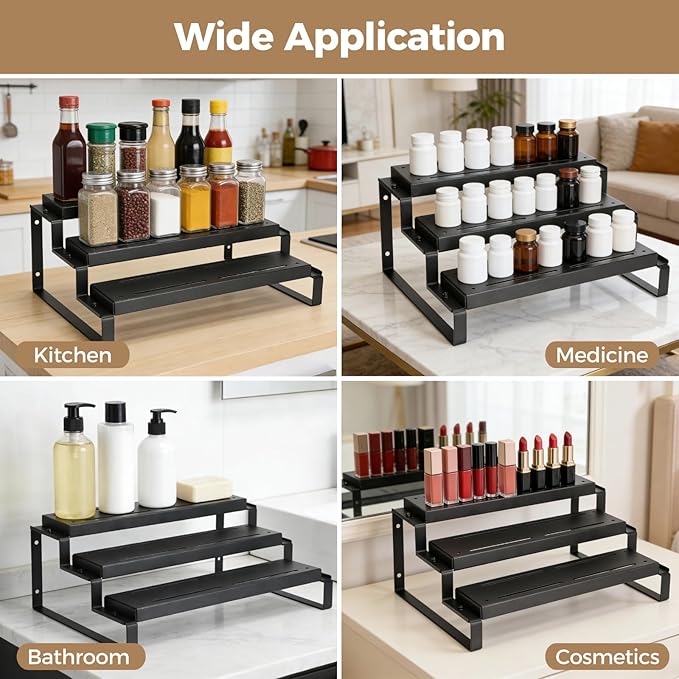 3-Tier Spice Organizer, Expandable Width Spice Organizer for Cabinet, Seasoning Organizer Metal Display Shelf, Countertop Spice Rack for Cabinet, Pantry
