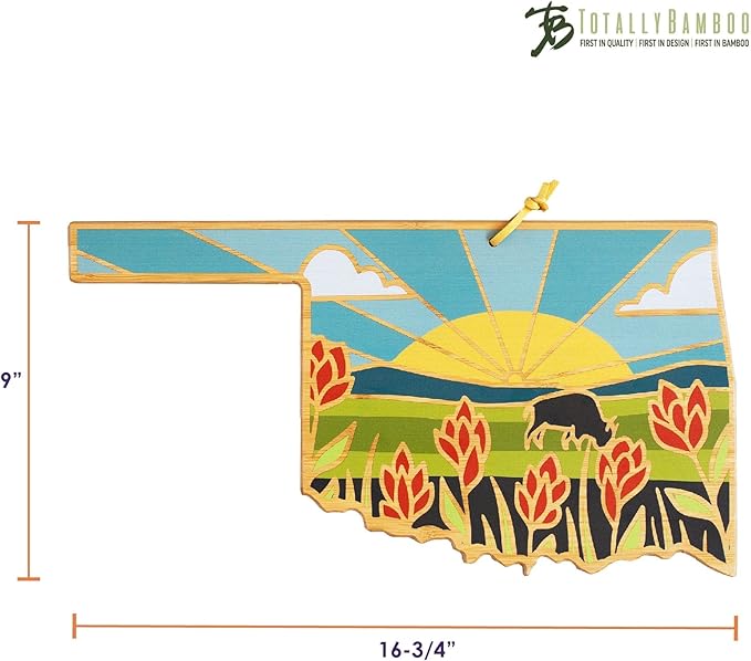 Totally Bamboo Oklahoma State Shaped Cutting Board and Charcuterie Serving Platter with Artwork by Summer Stokes, Includes Hang Tie for Wall Display Varies