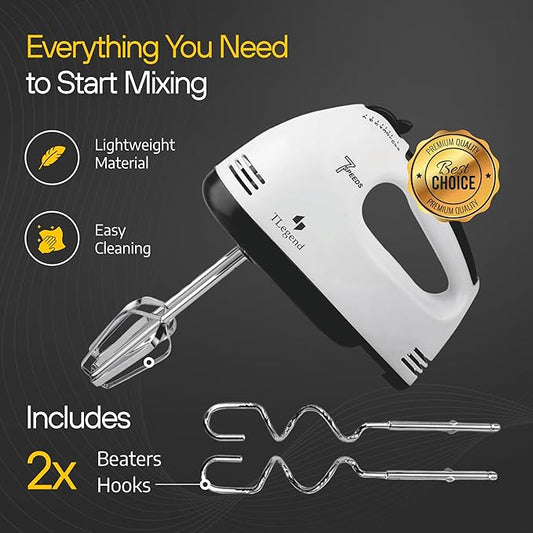 TechnoLegend Hand Mixer Electric Handheld – 7 Speed Ultra Power Electric Mixer Handheld (White-Black)