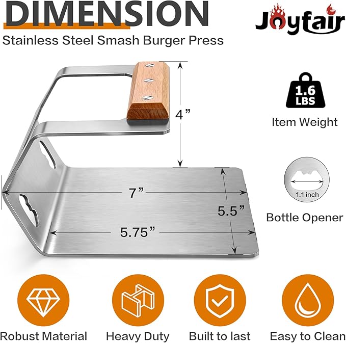 Joyfair Smash Burger Press Stainless Steel, 5.8” Hamburger Smasher Steak Weight Tool, Heavy-Duty Meat Press for Blackstone Griddle, Gill, Flat Top, Heat-Proof Wooden Handle & Flat Edge