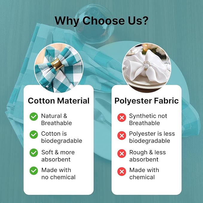 LFH Home 100% Cotton Cloth Reusable Dinner Napkins Set of 12 Washable Soft Decorative Buffalo Plaid Gingham and Checkered Table Napkins for Holidays Wedding Farmhouse Decor 18x18 Inch-Teal & White