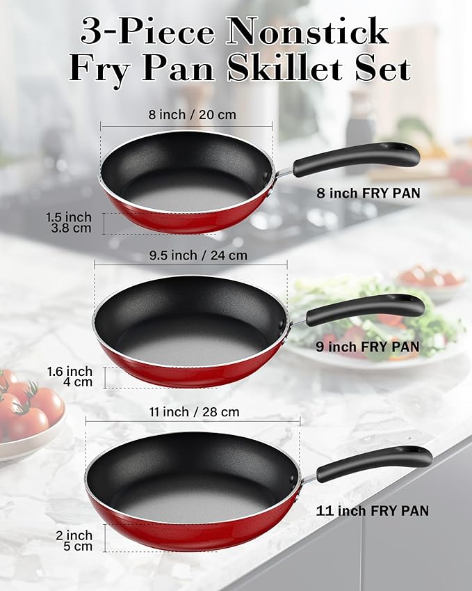 Cook N Home Nonstick Frying Pans Set 3 Piece, 8, 9.5, 11-Inch Kitchen Cooking Skillets Saute Fry Pan Induction Compatible, Marble Red