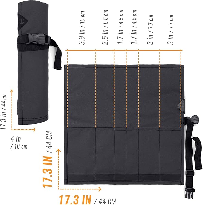 Under NY Sky Knife Roll Case - 6 Slots - Heavy Duty Oxford Canvas Pouch - Leather Reinforced - Portable Bag for Cooking Tools, Utensils, Cutlery Knives, Brushes - Chefs, Kitchen, Travel, Gift - Gray