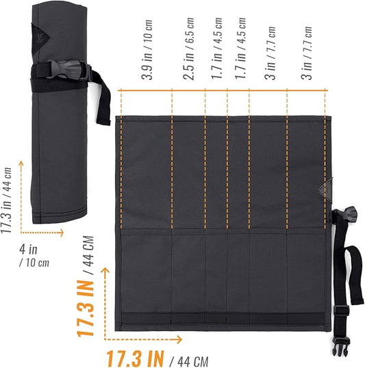 Under NY Sky Knife Roll Case - 6 Slots - Heavy Duty Oxford Canvas Pouch - Leather Reinforced - Portable Bag for Cooking Tools, Utensils, Cutlery Knives, Brushes - Chefs, Kitchen, Travel, Gift - Gray