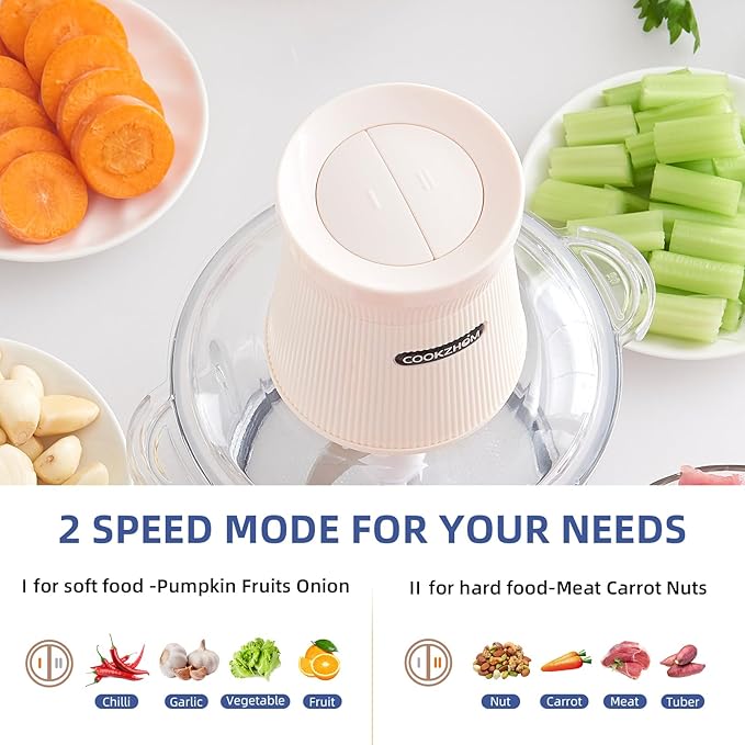 COOKZHOM 500W Food Processor, White Meat Grinder with Glass Bowl 8 Cup, Electric Food Chopper with 2 Sharp Blade Sets for Meat, Fruits, Vegetables, Baby Food, Nuts, 2 Speed