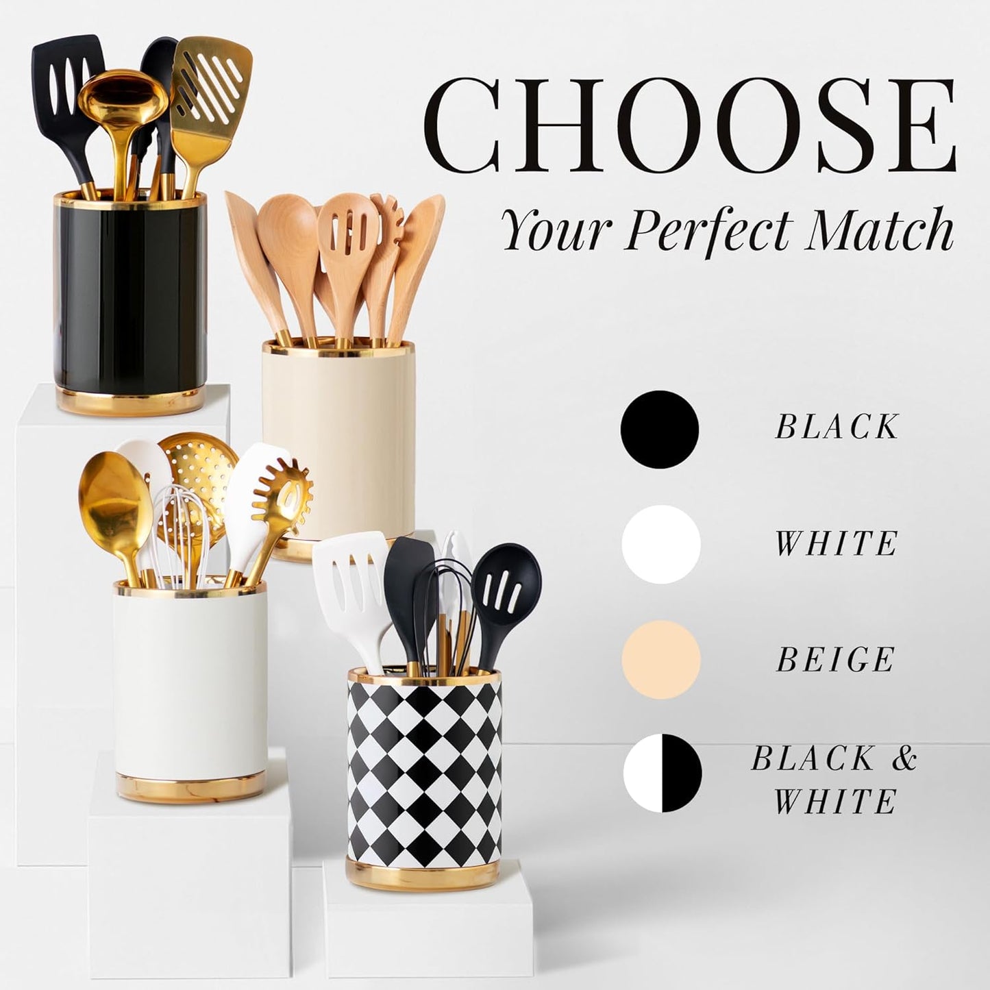 STYLED SETTINGS Black & White Checkered Utensil Holder Set – Large Ceramic Kitchen Utensil Holder for Countertop with Gold Spoon Rest – Stylish Checkered Kitchen Decor & Organizer