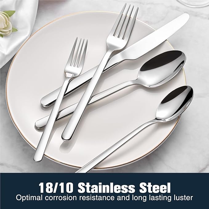KINGSTONE Forged 30-Piece Silverware Set, 18/10 Stainless Steel Flatware Cutlery Set for 6, Mirror Finish Utensils Set,Dishwasher Safe (Silver)
