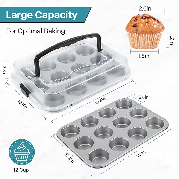 Spmarkt 2-Pack Cupcake Pan with Lid, 12-Cup Nonstick Muffin Pan with Handle – Cupcake Carrier for Baking & Transporting, Perfect for Party, Holiday, Gathering