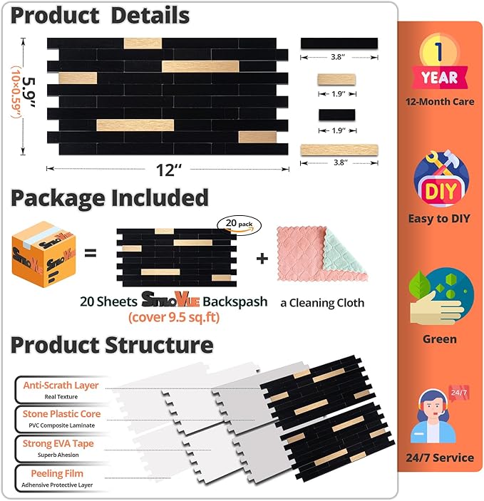 20 Sheets Peel and Stick Tile Backsplash, Black with Metal Gold Look Stick on Tile Upgrade Your Kitchen Backsplash, RV, Fireplace