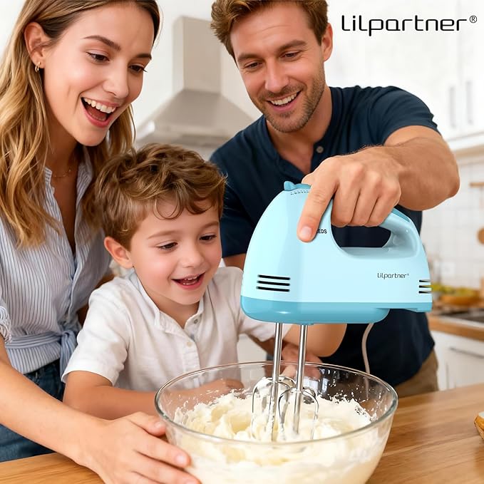 LILPARTNER Hand Mixer Electric, Small Food Mixer 7 Speeds Handheld Blender,304 *(1* Whisk, 2* Beater, 2*Dough Hook) Kitchen Blender for Cream, Cookies, Dishwasher Safe, Blue