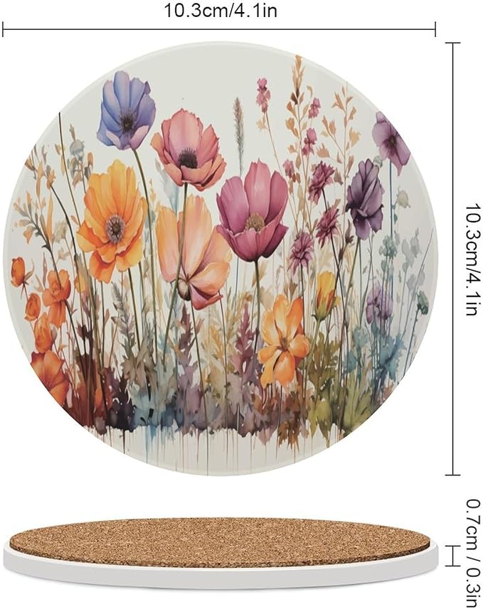 Round-6PCS Floral Drink Coasters, Round Modern Ceramic Absorbent Coasters, Watercolour Abstract Floral Beautiful Florets Design Decor Desk Coffee Table Coaster for Beverage Cup Tea Coasters