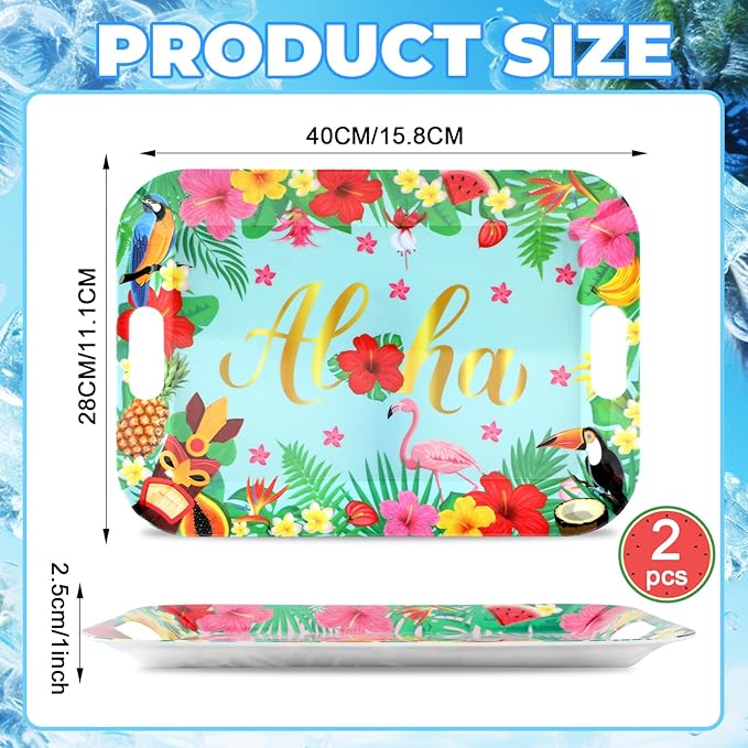 gisgfim 2Prs Summer Floral Serving Trays with Handles 16 x 11Inch Large Melamine Tray Rectangular Hawaiian Luau Serving Platter Aloha Tropical Tray Melamine Dishes for Serving Food Outdoor Party Plate