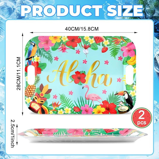 gisgfim 2Prs Summer Floral Serving Trays with Handles 16 x 11Inch Large Melamine Tray Rectangular Hawaiian Luau Serving Platter Aloha Tropical Tray Melamine Dishes for Serving Food Outdoor Party Plate