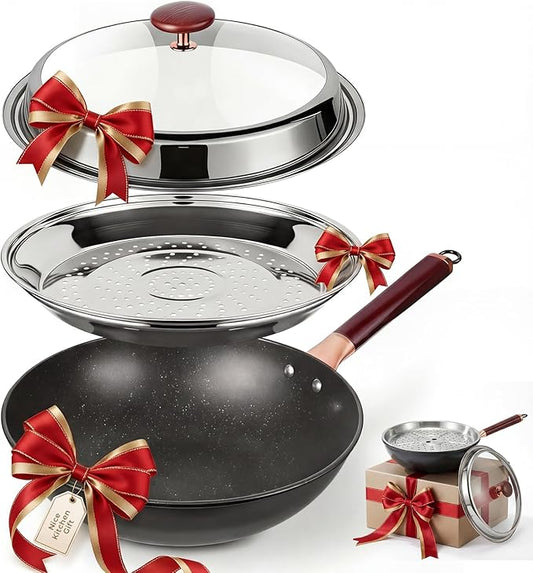 12.5-Inch Carbon Steel Wok Pan with Lid: Woks & Stir-Fry Pans Nonstick with Steamer for Cooking Pan Set, Large Deep Chinese Frying Saute Pan Wok Skillet, Induction Compatible, Stay-Cool Handle, Gifts