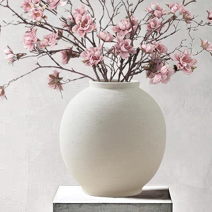 Large White Ceramic Flower Vase Home Decor, Round Rustic Table Vases Farmhouse Living Room Entrway Kitchen Bedroom Decorations，Minimalist Hand-Made Textured Vase (10.8” Sandstone White)